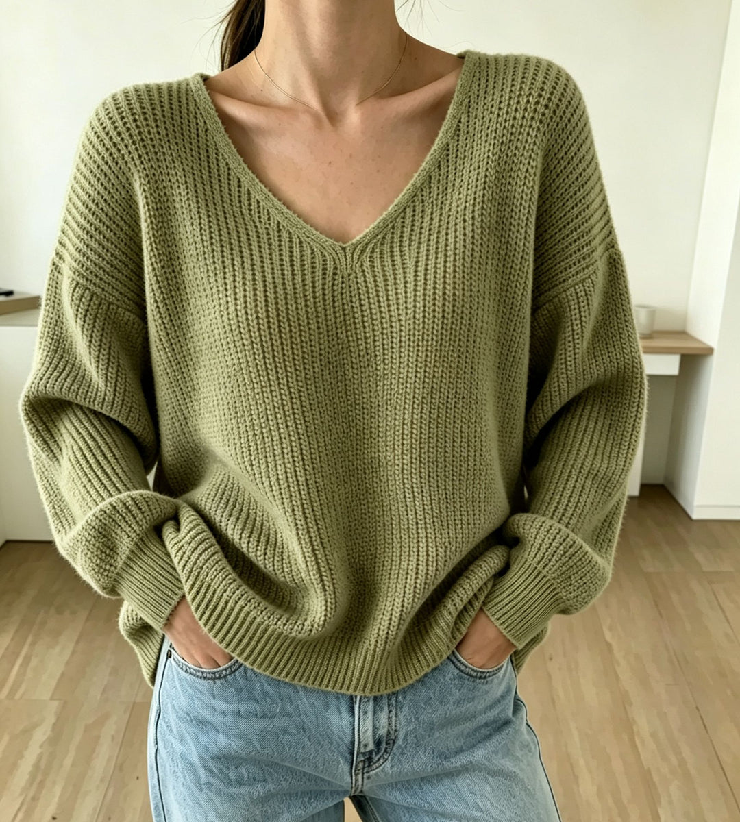Women's Casual Boxy Chunky Knit Sweater with V-Neck and Ribbed Cuffs Mune Fashion