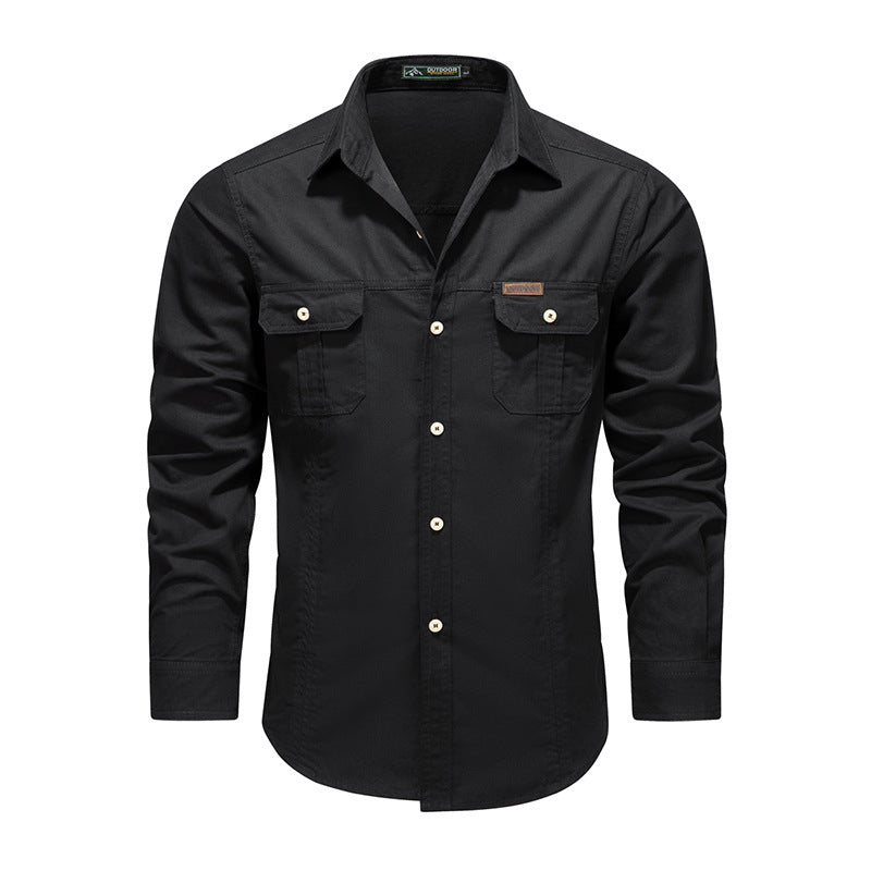 Men's Robust Canvas Work Shirt with Chest Flap Pockets and Classic Shirt Collar Mune Fashion