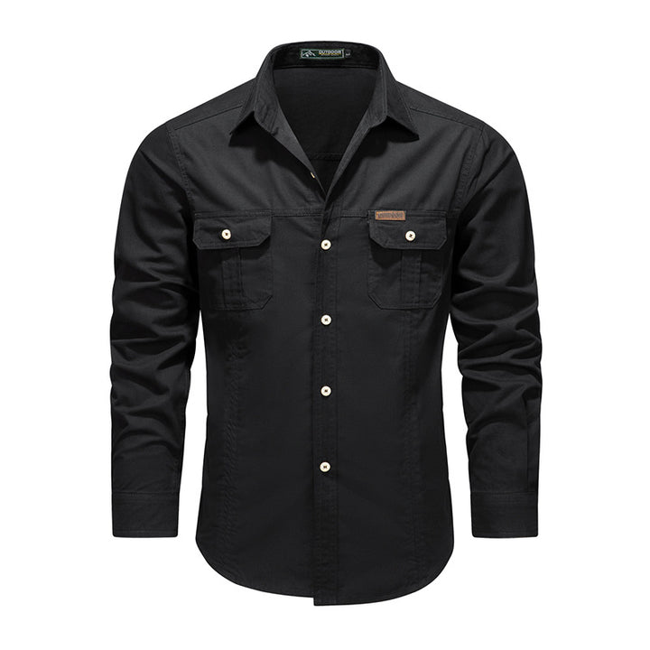 Men's Robust Canvas Work Shirt with Chest Flap Pockets and Classic Shirt Collar Mune Fashion