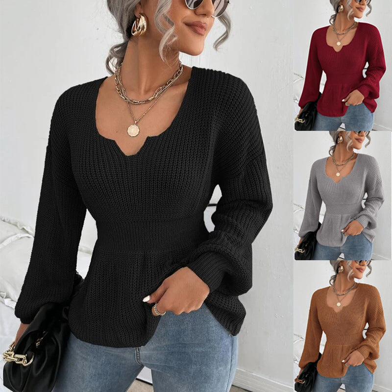 Women's Tailored Fine Knit Sweater with Notched V-Neck, Waist-Emphasizing Ribbed Area, and Balloon Sleeves Mune Fashion