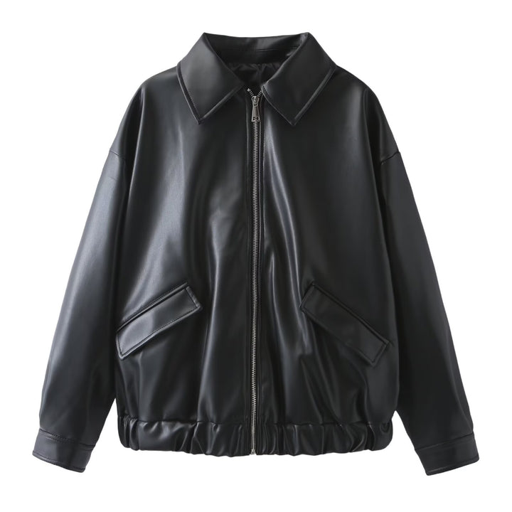 Women's Oversize Faux Leather Bomber Jacket with Zipper, Elastic Hem and Flap Pockets Mune Fashion