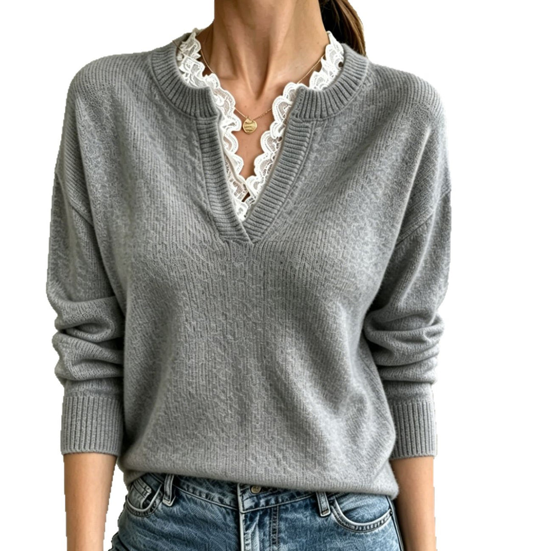 Women's V-neck fine knit sweater with decorative lace collar Mune Fashion