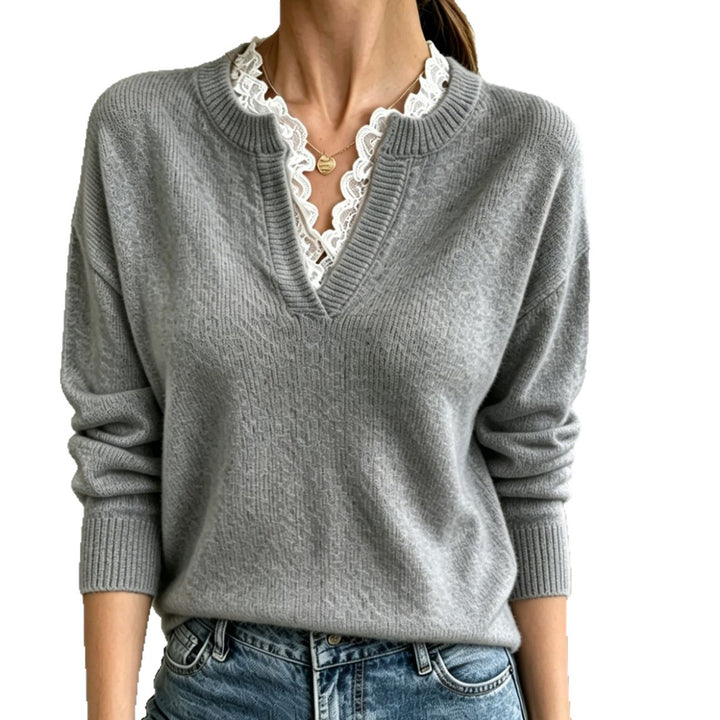 Women's V-neck fine knit sweater with decorative lace collar Mune Fashion