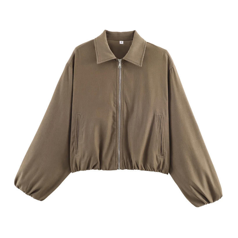 Women Shortened Bomber Jacket in Harrington Style with Balloon Sleeves and Elastic Hem Mune Fashion