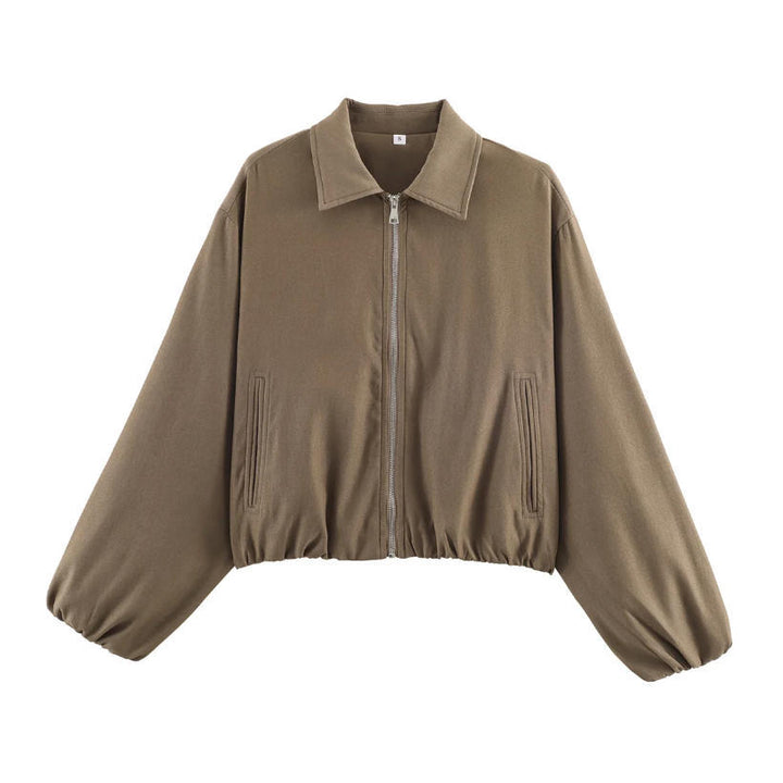 Women Shortened Bomber Jacket in Harrington Style with Balloon Sleeves and Elastic Hem Mune Fashion