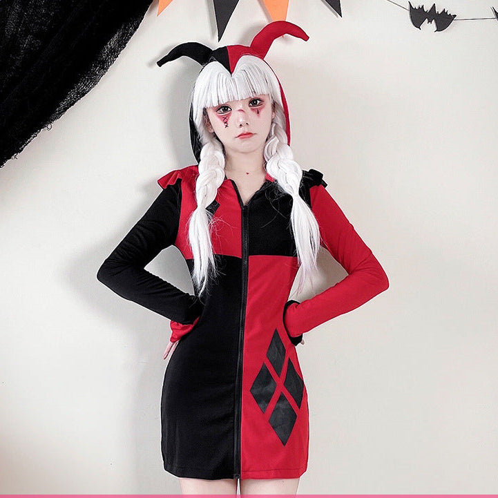 Ladies costume dress in harlequin style with hood and zipper Mune Fashion
