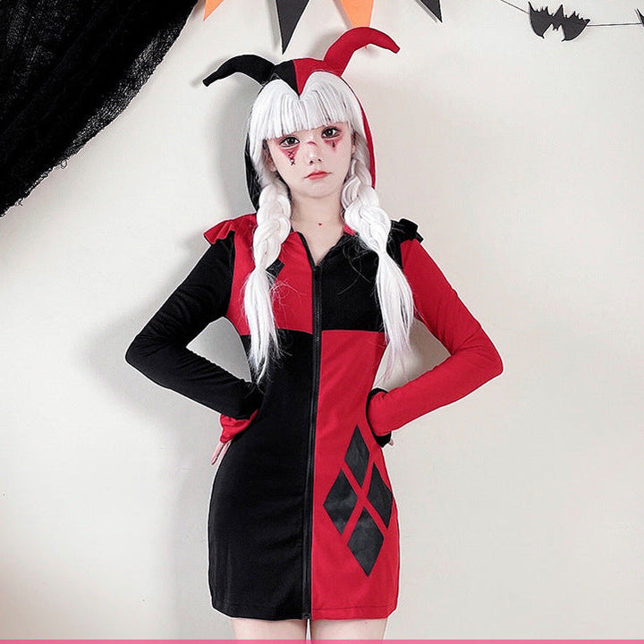 Ladies costume dress in harlequin style with hood and zipper Mune Fashion