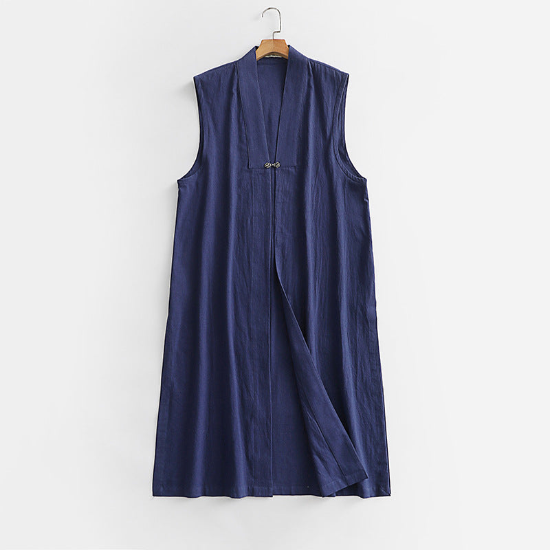 Women's Long Sleeveless Kimono Vest made of Linen Blend with Narrow Shawl Collar and Decorative Toggle Closure Mune Fashion