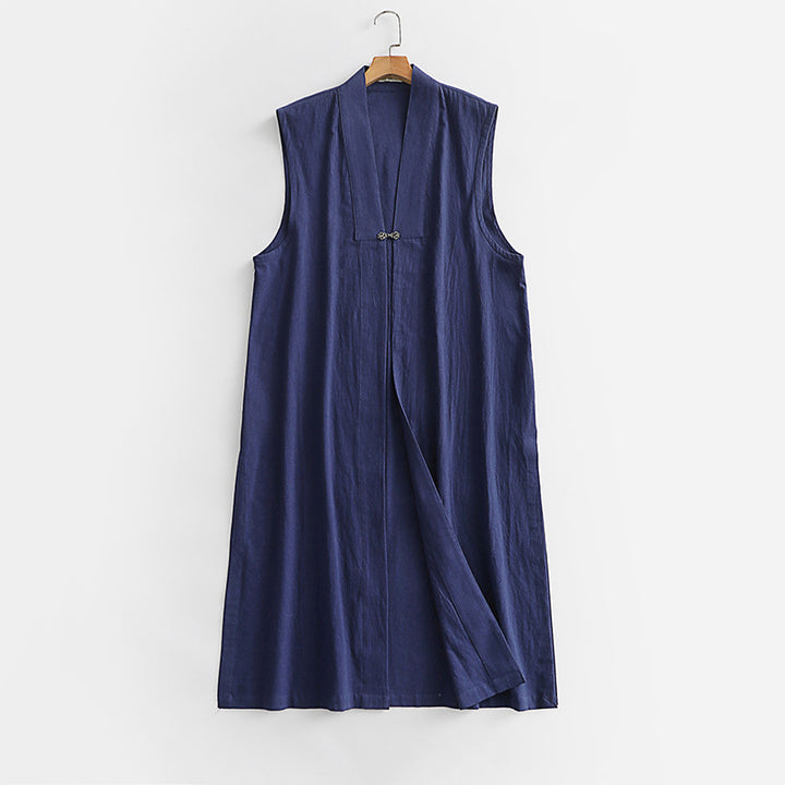 Women's Long Sleeveless Kimono Vest made of Linen Blend with Narrow Shawl Collar and Decorative Toggle Closure Mune Fashion