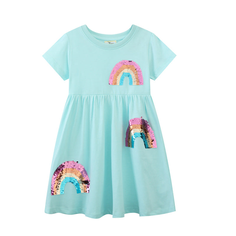Girls Short Sleeve T-Shirt Dress with Colorful Glitter Rainbow Design Mune Fashion