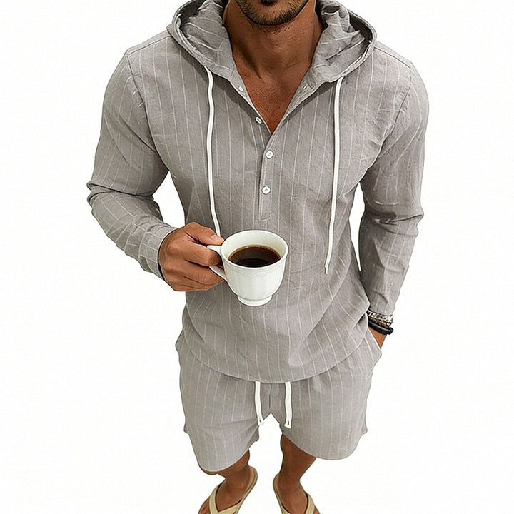 Men's striped linen-look hooded Henley set with drawstring shorts Mune Fashion