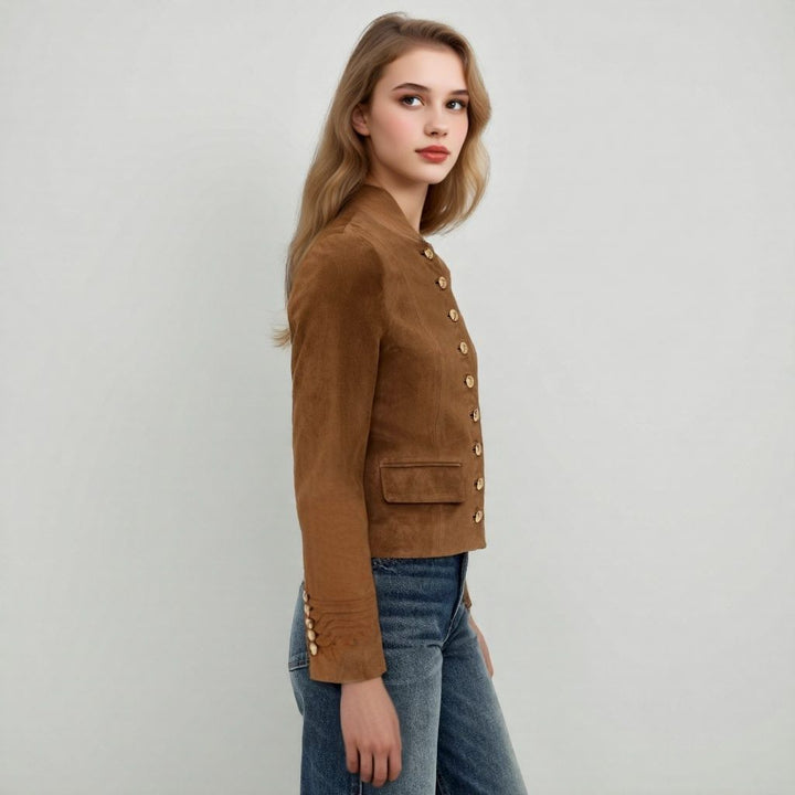 Women's Tailored Suede Look Jacket with Stand-Up Collar and Decorative Button Placket Mune Fashion