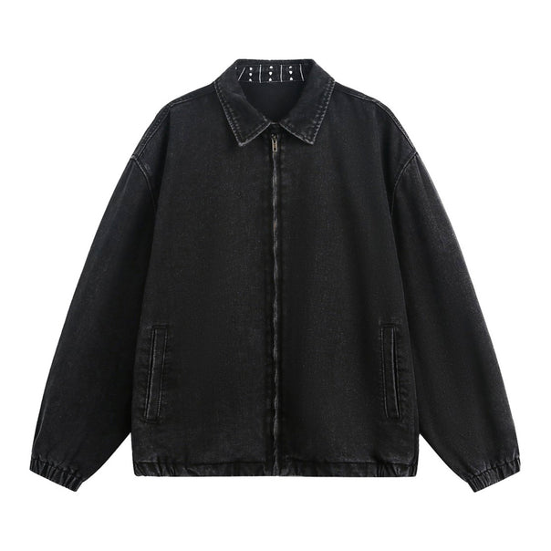 Unisex Oversize Denim Transitional Jacket with Concealed Front Zipper, Shirt Collar and Elastic Hem Mune Fashion