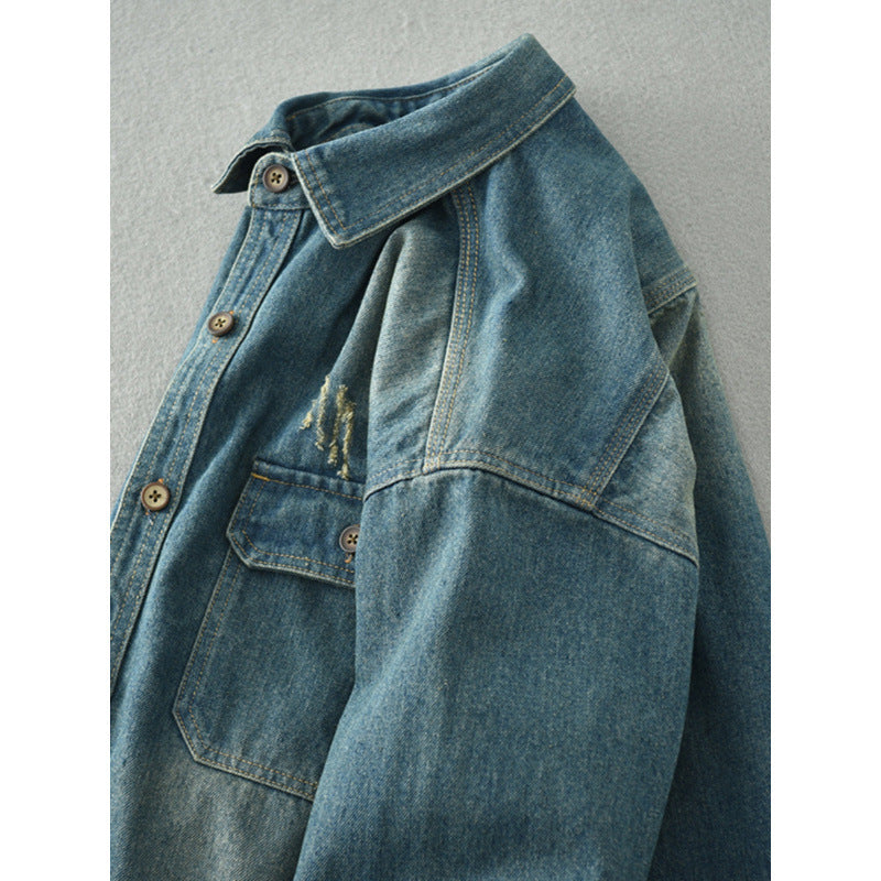 Men's denim shirt jacket in a used look with patch chest pockets and button placket Mune Fashion