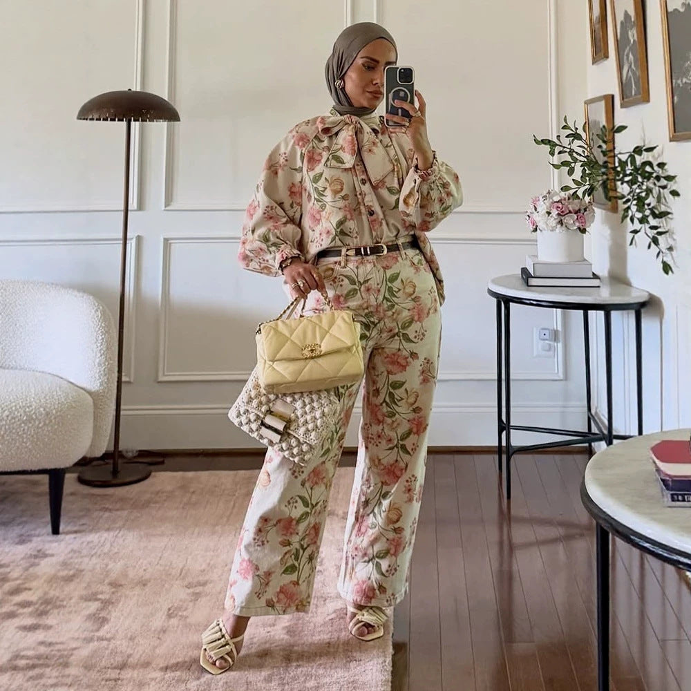 Women's Two-Piece Floral Print Co-Ord Set with Oversized Blouson and High-Waist Pants Mune Fashion