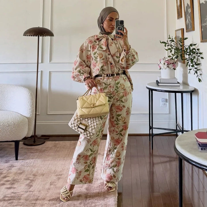 Women's Two-Piece Floral Print Co-Ord Set with Oversized Blouson and High-Waist Pants Mune Fashion