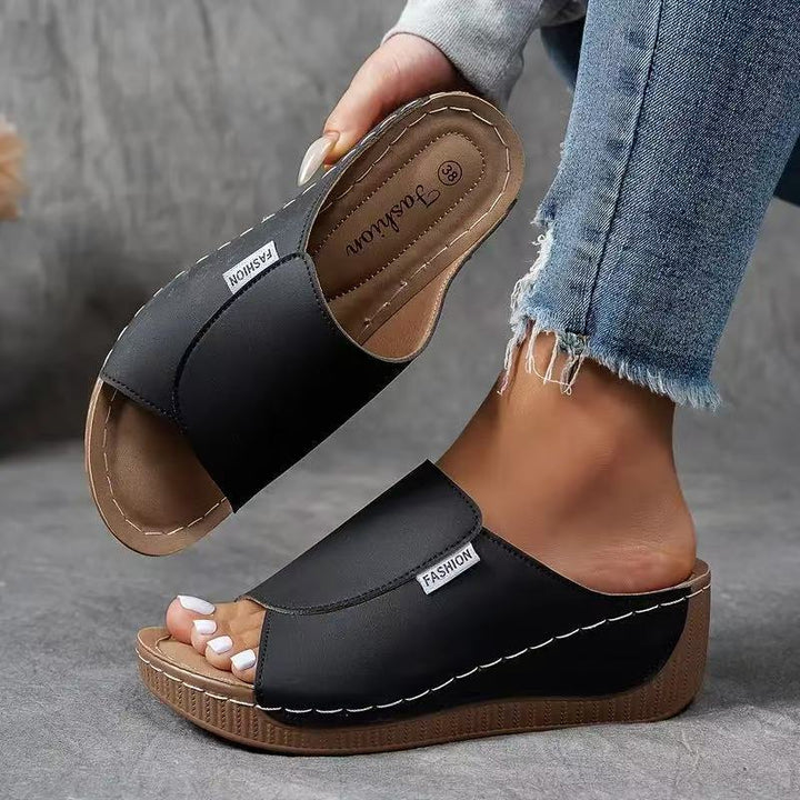 Ladies nan anatomically shaped slip-on sandal with ergonomic wedge sole and stitched edge seam Mune Fashion