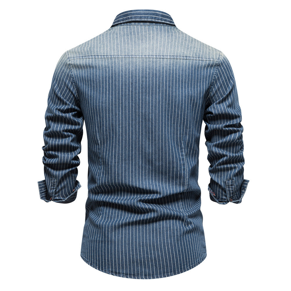 Men's tailored long-sleeve denim shirt with pinstripes and patch pockets Mune Fashion