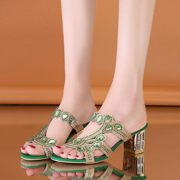 Ladies' embellished slide sandal with crystal accents and mid-block heel Mune Fashion
