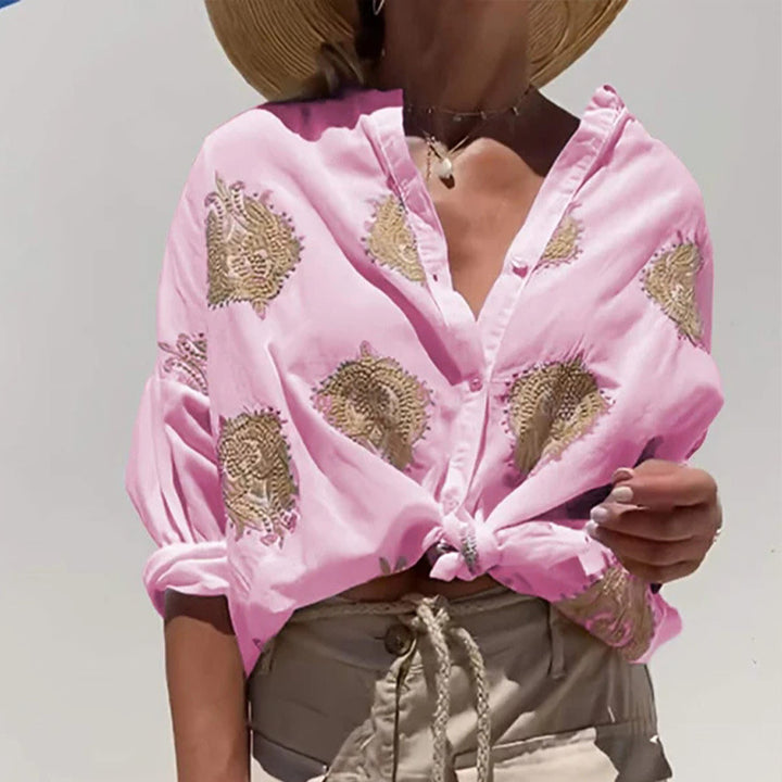 Women’s Boho Linen Blouse with Bead Embroidery and Knot Band Mune Fashion