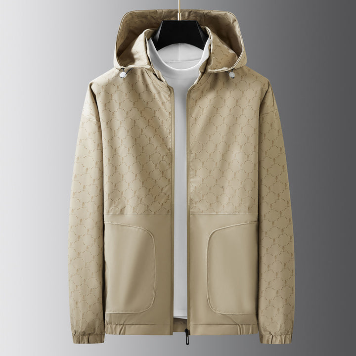 Men's Light Water-Repellent Hooded Outdoor Jacket with Allover Pattern and Large Pockets Mune Fashion