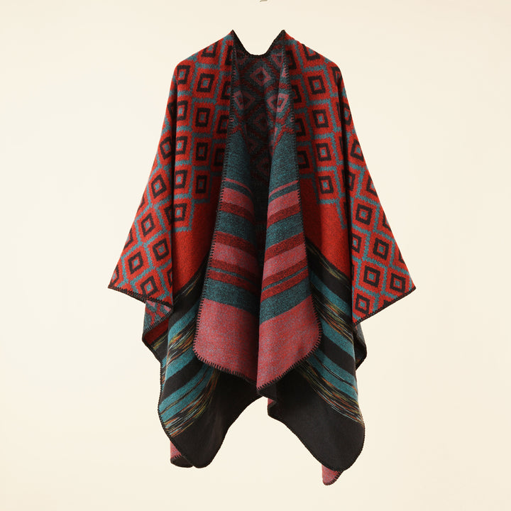 Women's Jacquard Throw with Geometric Square Pattern and Open Front Mune Fashion