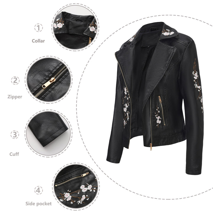 Women nan embroidered tailored faux leather biker jacket with asymmetrical zipper Mune Fashion
