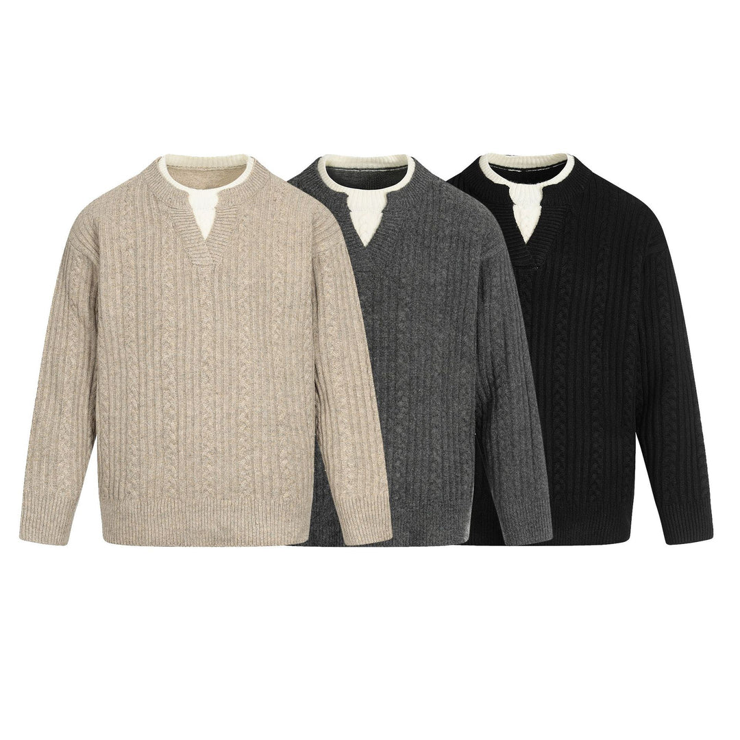 Men's cable knit sweater with V-insert and double roll collar Mune Fashion