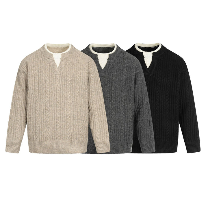 Men's cable knit sweater with V-insert and double roll collar Mune Fashion