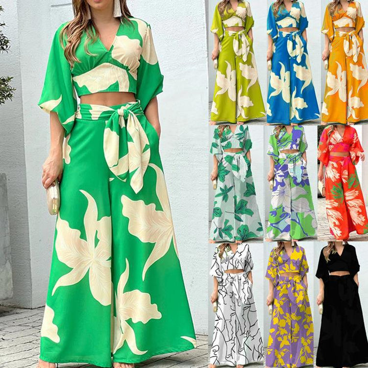 Women's Two-Piece Summer Set with Wrap Crop Top and High-Waist Palazzo Pants EB