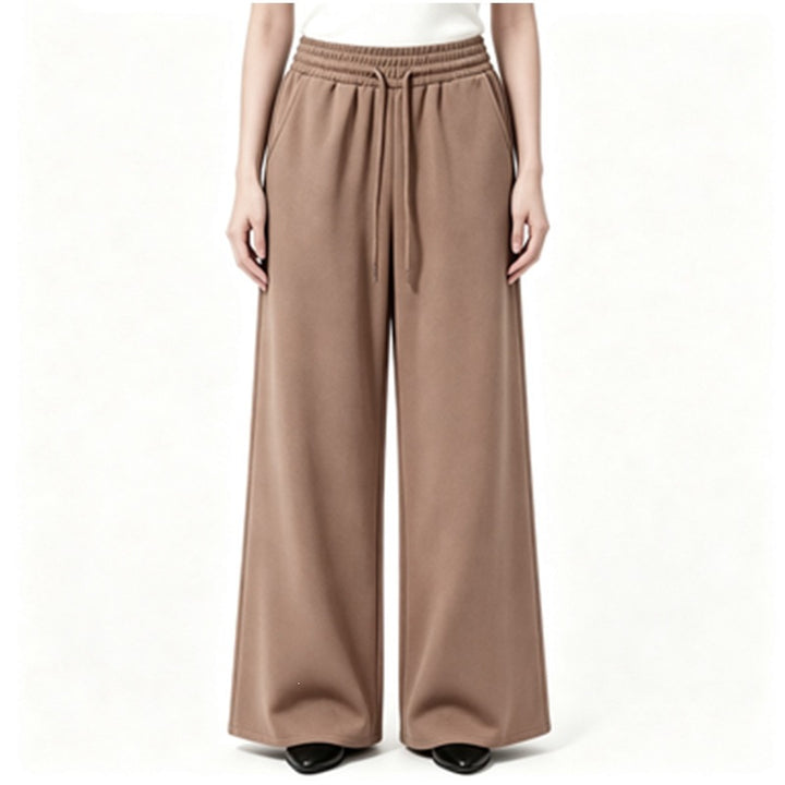 Ladies wide high-waist lounge pants with elastic waistband, drawstring, and flowing jersey Mune Fashion