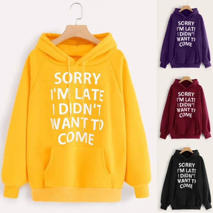 Women Loose Hoodie with Statement Print, Kangaroo Pocket and Raglan Sleeves Mune Fashion