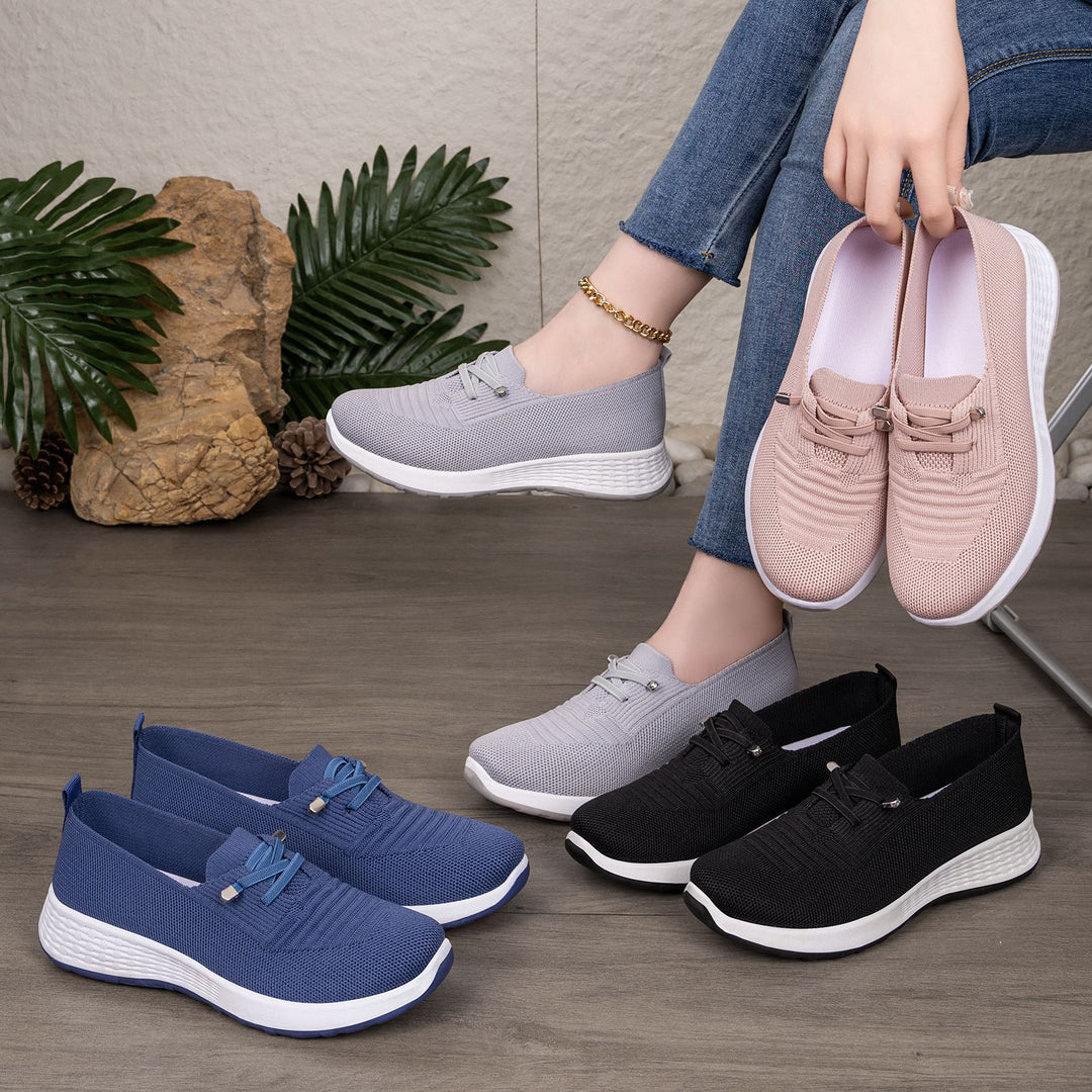 Women's lightweight knitted slip-on casual shoe with elastic entry, decorative lacing, and cushioning lightweight profile sole Mune Fashion
