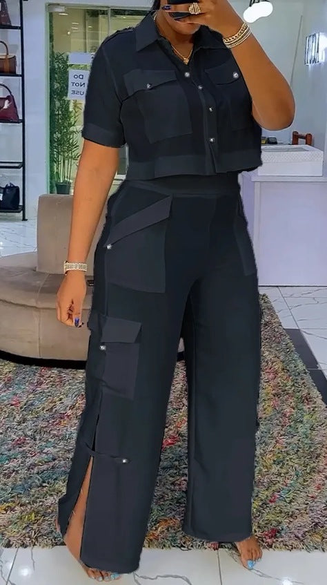 Women's two-piece shirt and cargo pants set with short oversized shirt, high waist, wide leg, and side leg slits Mune Fashion