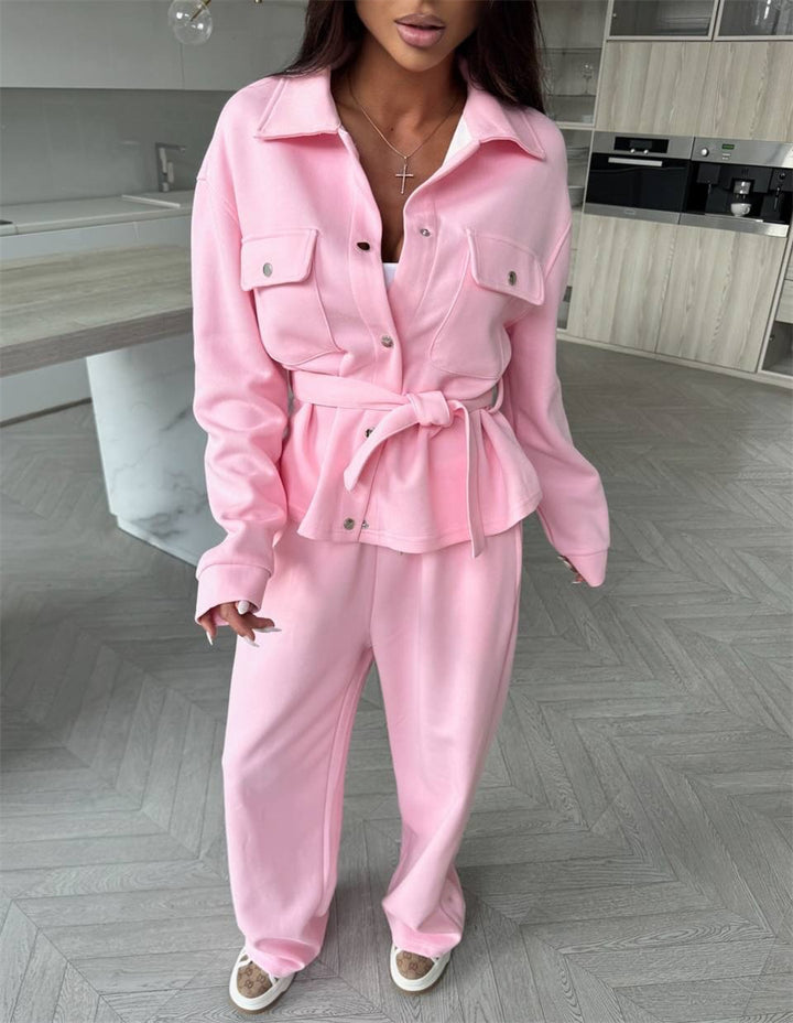 Women Two-Piece Loungewear Set with Fitted Blouson, Tied Belt and Wide Palazzo Pants Mune Fashion
