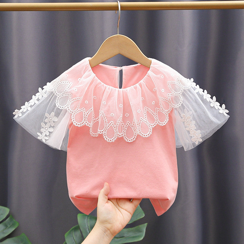 Girl's blouse with floral embroidery and tulle sleeves Mune Fashion