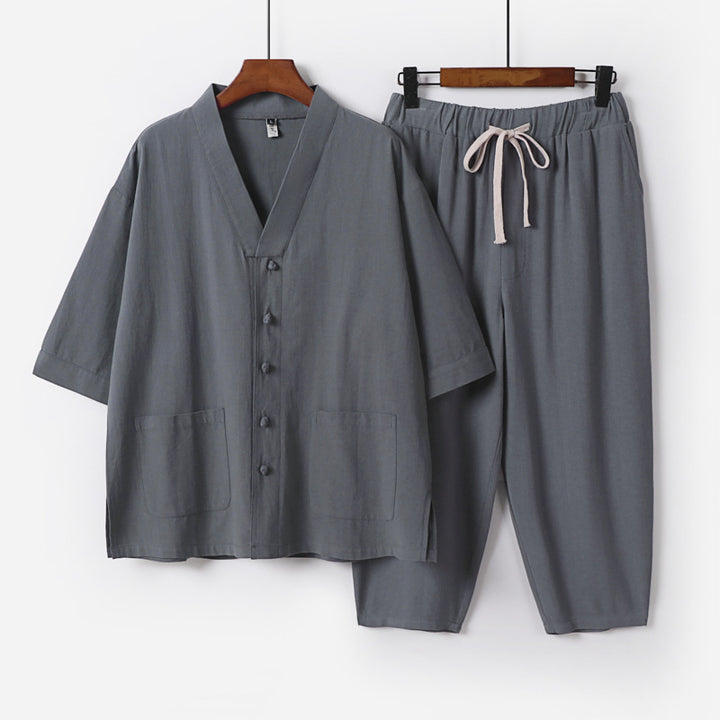 Unisex Lightweight Kimono Lounge Set made of Cotton-Linen with Short Sleeve Jacket and Drawstring Pants Mune Fashion