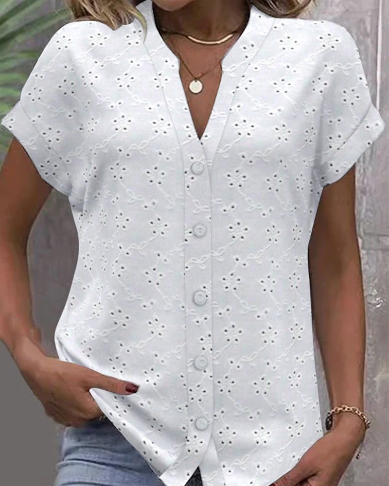 Women's light ajour lace blouse with V-neck, continuous button placket, and rolled short sleeves Mune Fashion