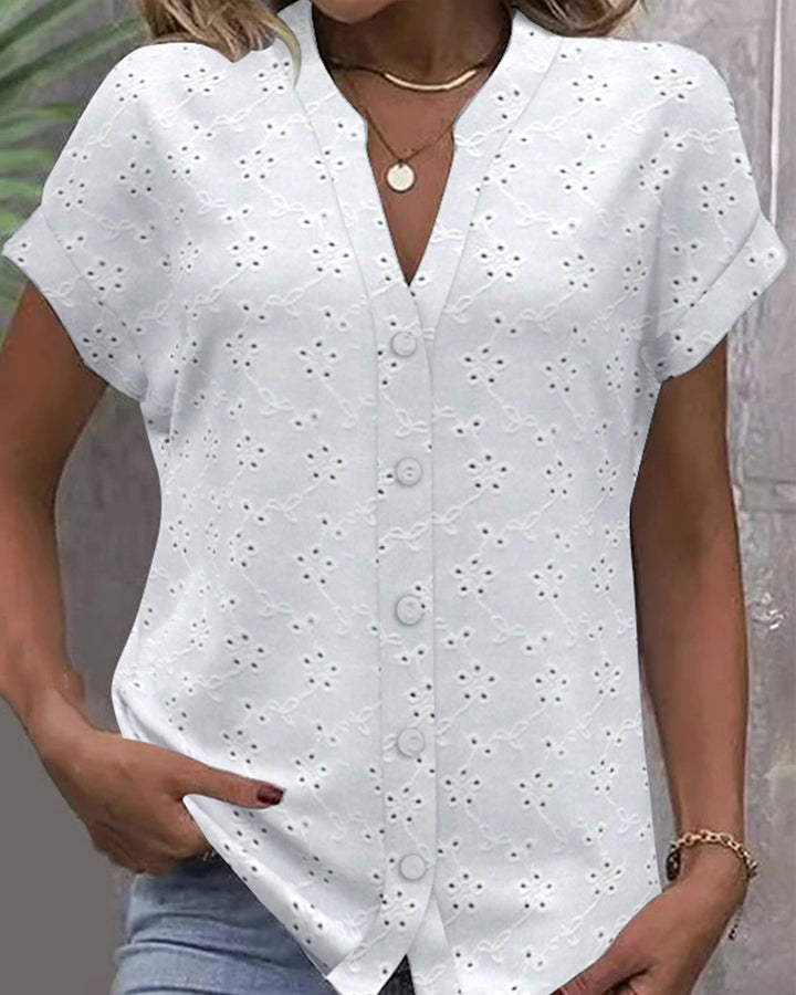 Women's light ajour lace blouse with V-neck, continuous button placket, and rolled short sleeves Mune Fashion