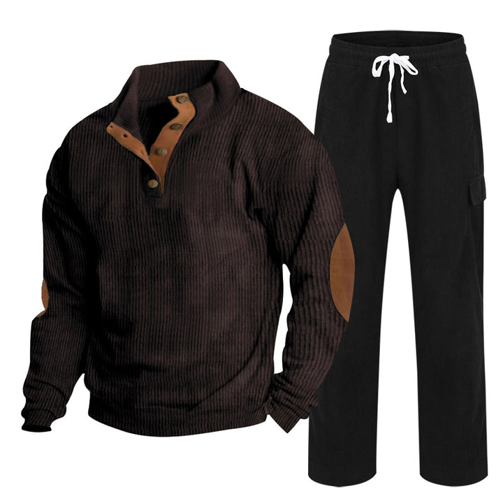 Men's Cozy Leisure Set made of Waffle Knit Henley with Elbow Patch and Relax Cargo Pants Mune Fashion