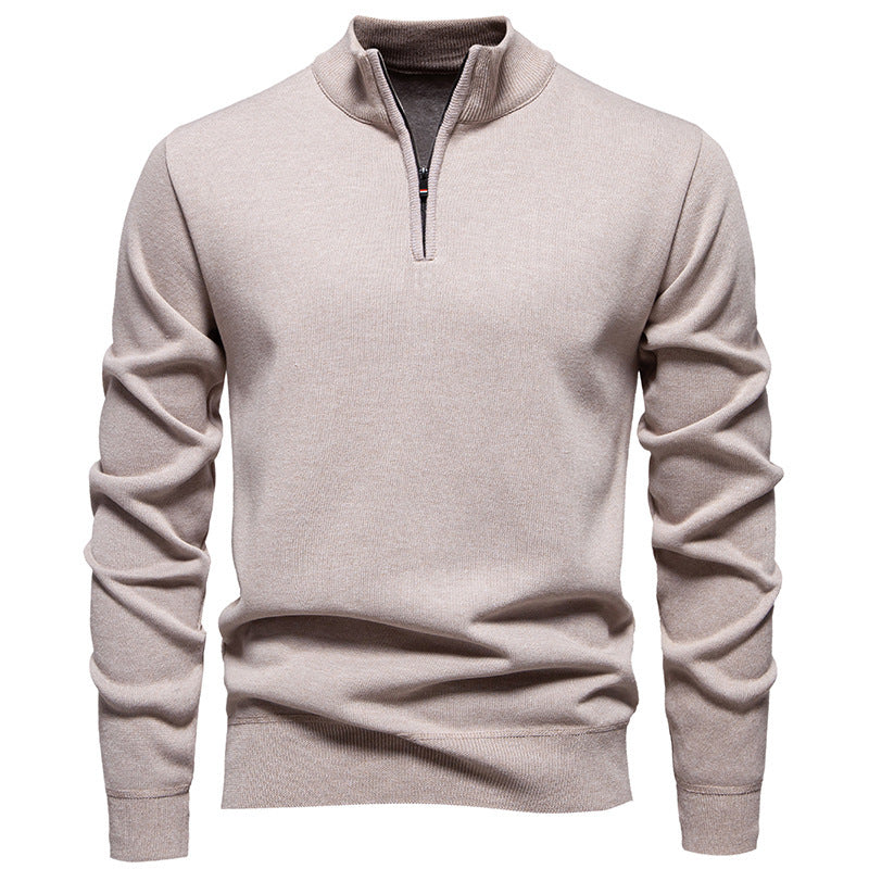 Men's Slim-Fit Fine Knit Sweater with Short Zipper, Stand Collar and Ribbed Hem Mune Fashion