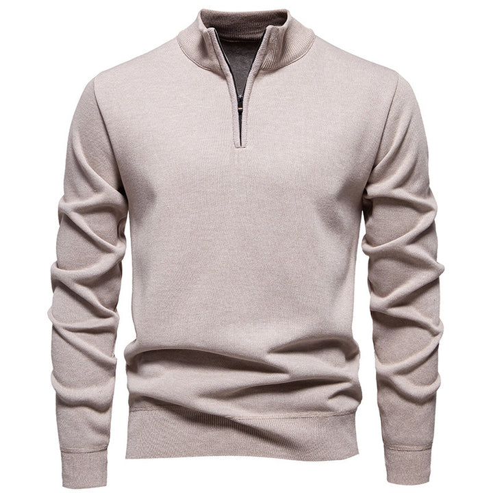 Men's Slim-Fit Fine Knit Sweater with Short Zipper, Stand Collar and Ribbed Hem Mune Fashion