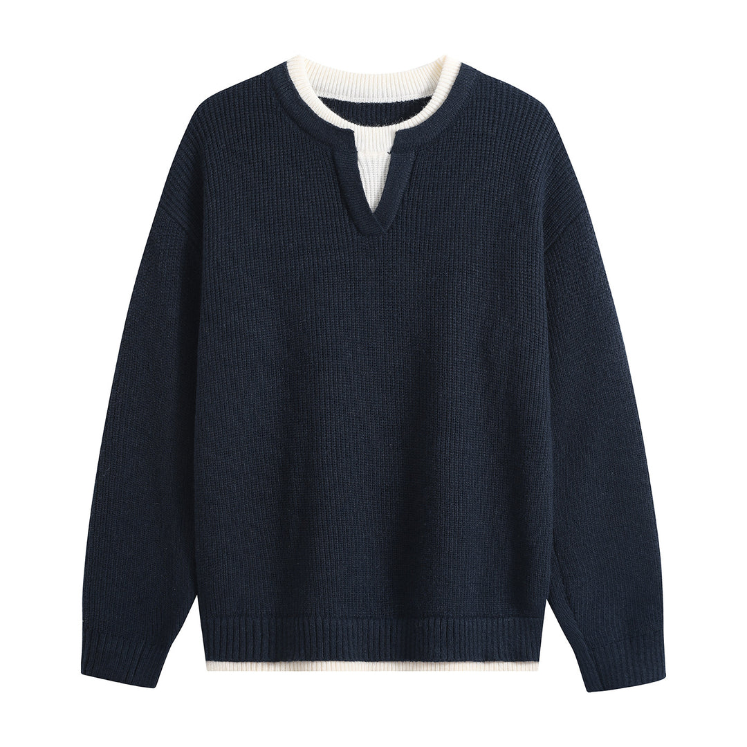 Men's Oversize Structured Knit Sweater with V-insert at Crew Neck Mune Fashion