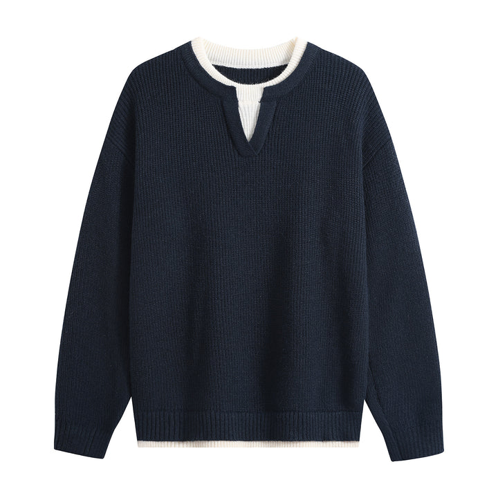 Men's Oversize Structured Knit Sweater with V-insert at Crew Neck Mune Fashion