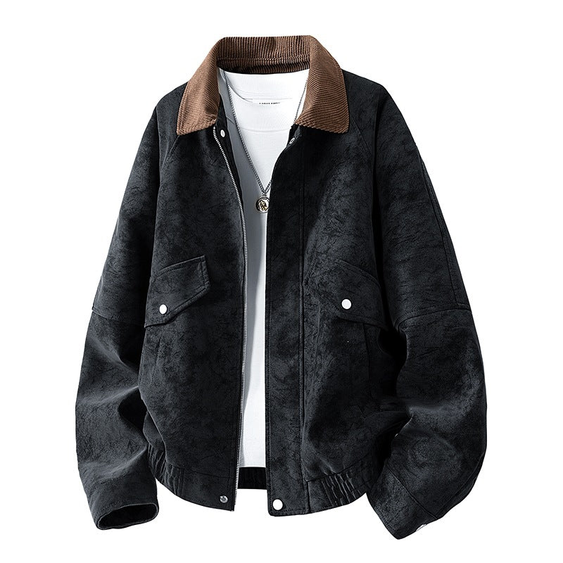 Men's Oversized Velour-Look Transitional Blouson with Shirt Collar, Zipper & Elastic Hem