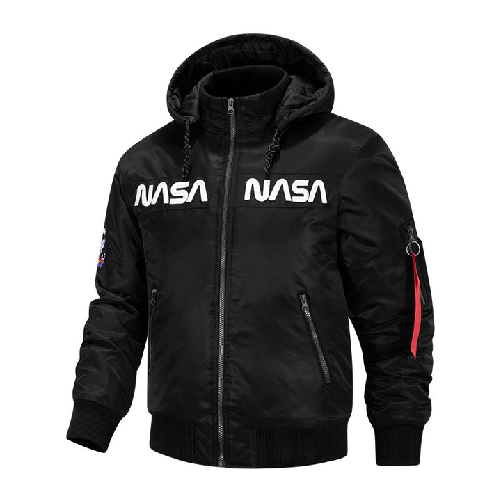 Men's  quilted-lined hooded pilot bomber with high-neck rib collar and zip sleeve utility pocket Mune Fashion