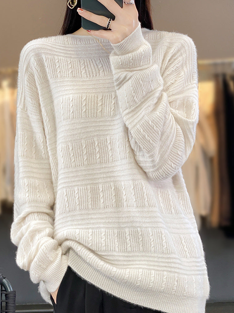 Women Oversize Fine Knit Sweater with Structural Blocks, Mohair Look and Round Neckline Mune Fashion