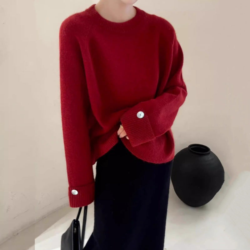 Women's Oversize Crew Neck Sweater with Extended Cuffs and Decorative Button Mune Fashion