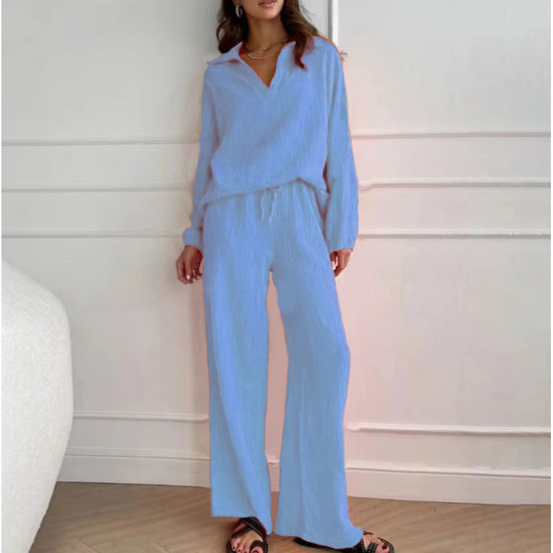 Women's Lightweight Crinkle Lounge Set with V-Neck and Wide High-Waist Pants Mune Fashion