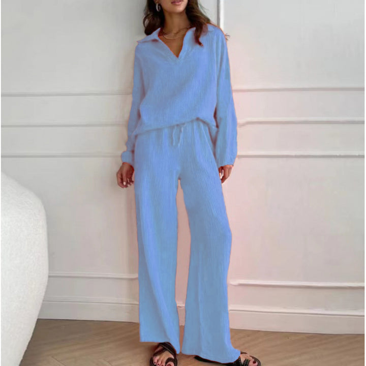 Women's Lightweight Crinkle Lounge Set with V-Neck and Wide High-Waist Pants Mune Fashion